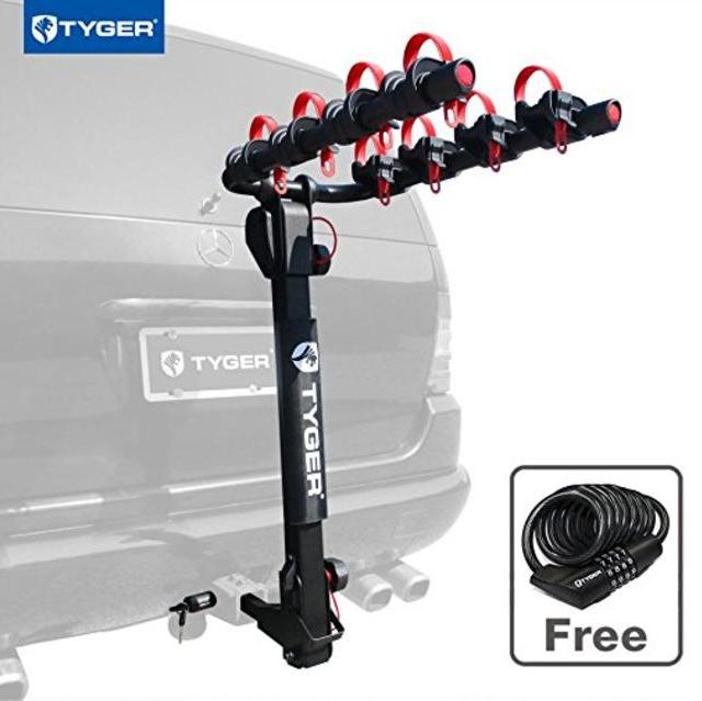 TYGER Deluxe 4-bike Carrier Rack Fits both 1-1/4'' and 2'' Hitch Receiver | With Hitch Pin Lock & Cable Lock | Soft Cushion Protector