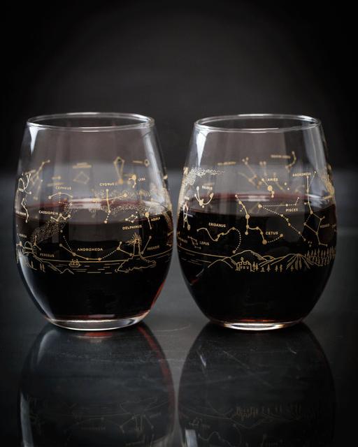 Summer & Winter Night Sky Stemless Wine Glasses (Pair) | Astronomy Star Chart, Metallic Gold Stars, Space Gift, Gifts for her, Gifts for men