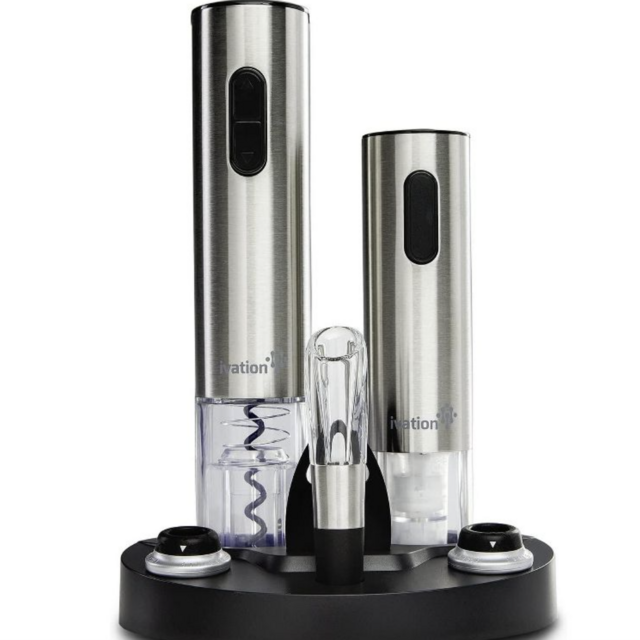 Ivation Wine Gift Set, Includes Stainless Steel Electric Wine Bottle Opener, Wine Aerator, Electric Vacuum Wine Preserver, 2 Bottle Stoppers, Foil Cutter & LED Charging Base