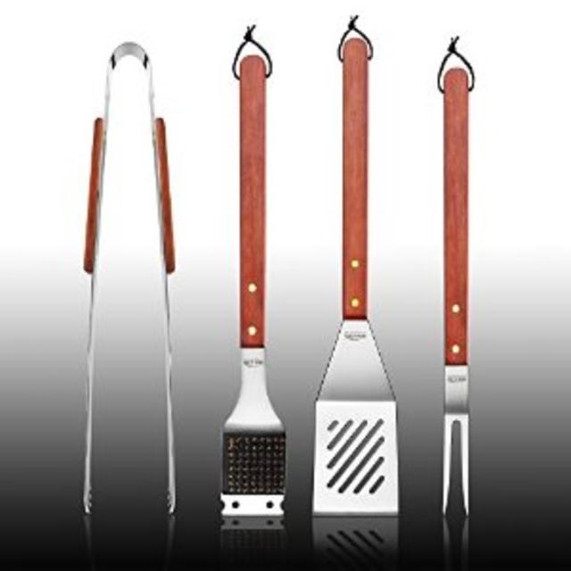 New Star Foodservice 59007 Stainless Steel Barbecue Tool Set with Solid Hard Wood Handles, Set of 4