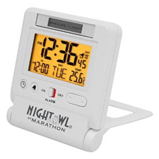 MARATHON CL030036WH Atomic Travel Alarm Clock with Auto Night Light Feature in White
