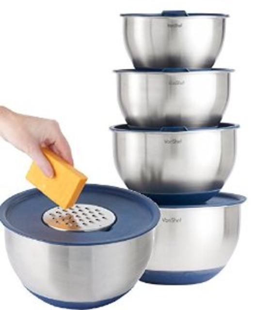 VonShef Professional 5 Piece Mixing Bowl Set - Stainless Steel with Lids, Non-Slip Surface and 3 Grater Attachments