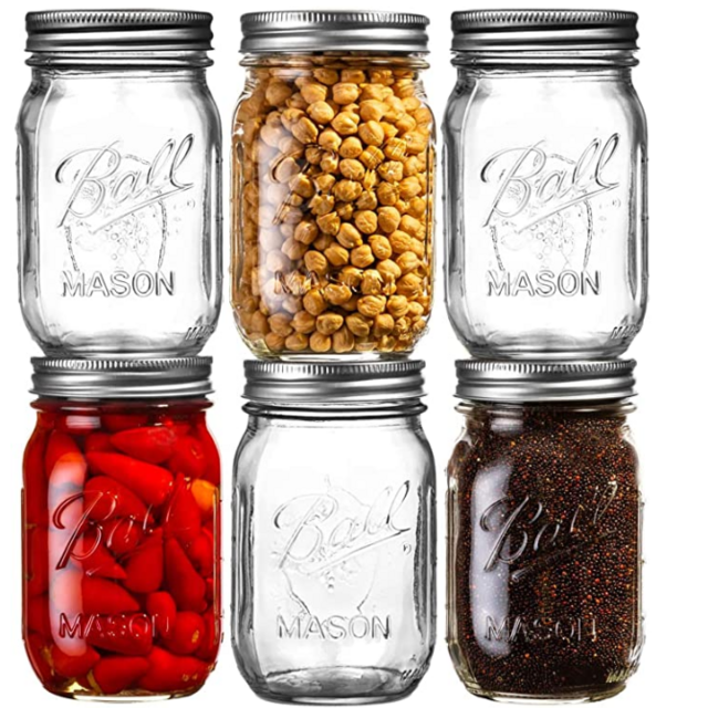 Ball Mason Jars 16 oz Bundle with Non Slip Jar Opener Set of 6 - 16 Ounce Size Mason Jars with Regular Mouth - Canning Glass Jars with Lids, Heritage Collection