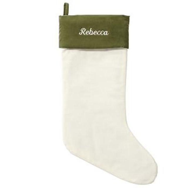 Velvet Stocking, Large, Ivory with Green Cuff