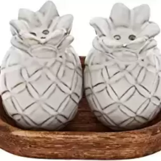 Mud Pie Pineapple Salt and Pepper Shaker, 2 3/4" x 2" | Tray 3 1/4" x 5", Gray
