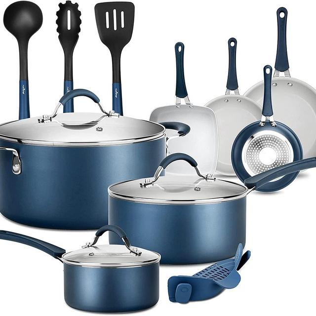NutriChef 14-Piece Nonstick Cookware Free Heat Resistant Lacquer Kitchen Ware Set w/Saucepan, Frying Pans, Cooking, Dutch Oven Pot, Lids, Utensils, Brown NCCW14SBLU, Blue