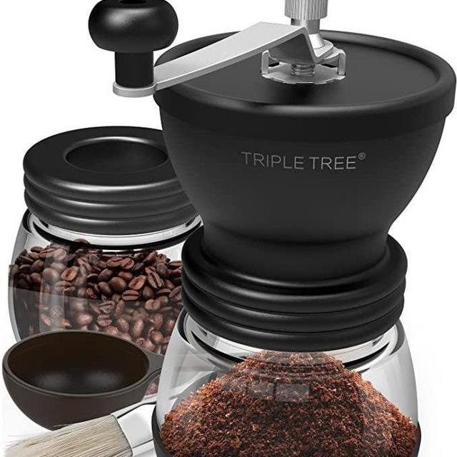 Manual Coffee Grinder with Ceramic Burrs, Hand Coffee Mill with Two Glass Jars(11oz each), Brush and Tablespoon Scoop