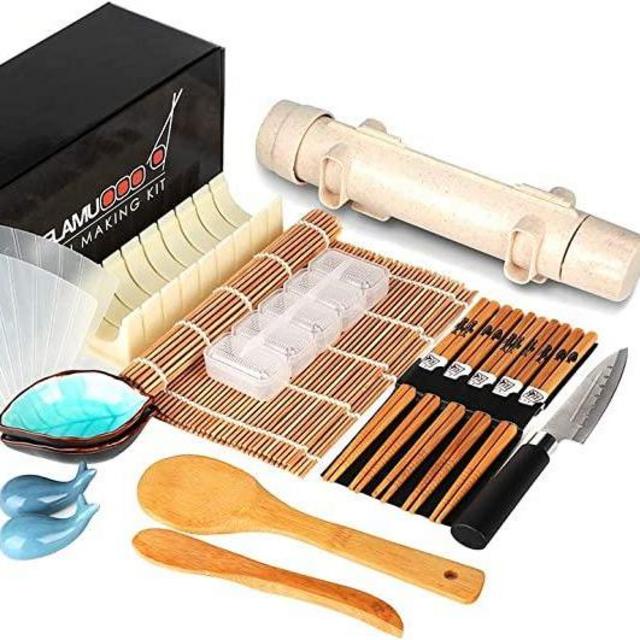 Delamu Sushi Making Kit, 20 in 1 Sushi Bazooka Roller Kit with Chef’s Knife, Bamboo Mats, Bazooka Roller, Rice Mold, Temaki Sushi Mats, Rice Paddle, Rice Spreader, Chopsticks, Sauce Dishes, Guide Book