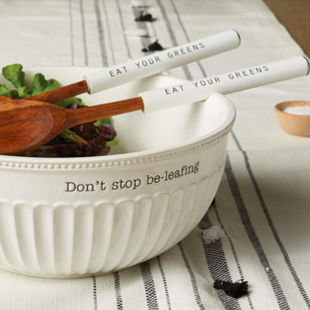 Mud Pie FLUTED LARGE SALAD BOWL SET, 5" Height x 11" Dia, Utensils 11" Length, White, brown