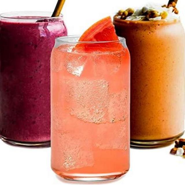 Drinking Glasses 6pc Set - Can Shaped Glass Cups, 16oz Beer Glasses, Tumbler Cup, Cocktail Glasses, Whiskey Glasses, Iced Coffee Glasses, Iced Tea Glasses, Wine Cups, Water Glasses, Kiddush cups.