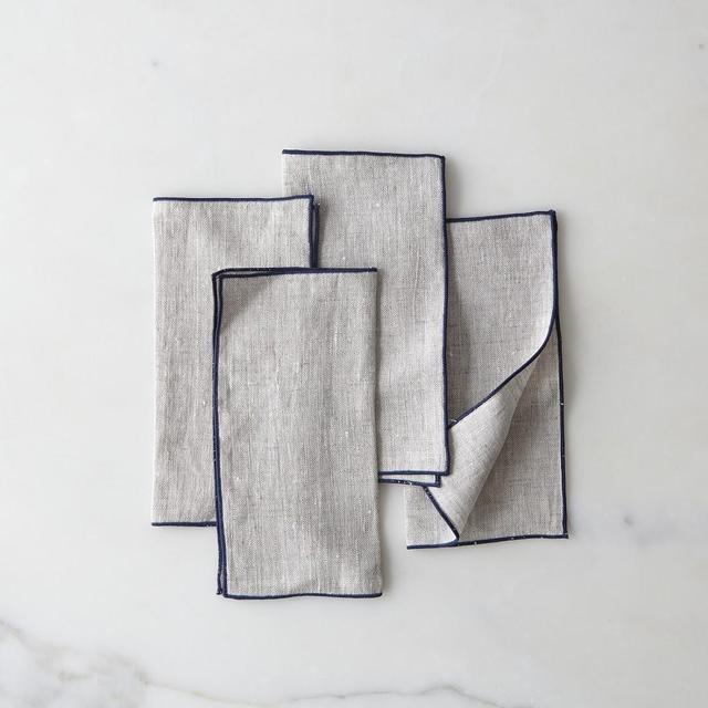 Linen Cocktail Napkins With Navy Trim