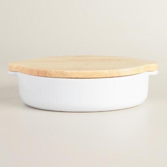 Large White Ceramic Baker with Wood Trivet Lid
