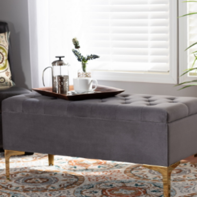 Baxton Studio Valere Glam and Luxe Grey Velvet Fabric Upholstered Gold Finished Button Tufted Storage Ottoman