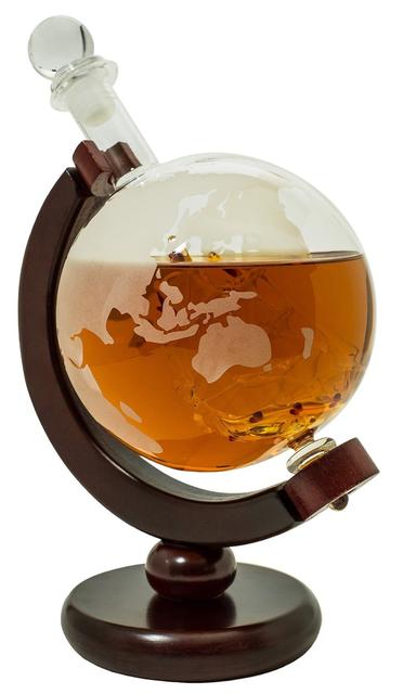 Whiskey Decanter for Spirits or Wine - 650mL Decorative Etched Glass Globe Design - Dark Finished Wood Stand - Handcrafted Quality - Includes Bonus Bar Funnel
