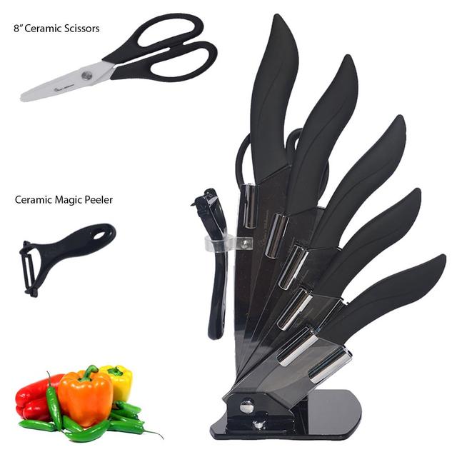 Mama's Kitchenware Professional 7-Piece Ceramic Knife Set with Black Handles & Blades + Ceramic Scissors