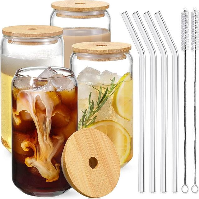 Juegos de 4 vasos con tapas de bambu y pitillos de vidrio