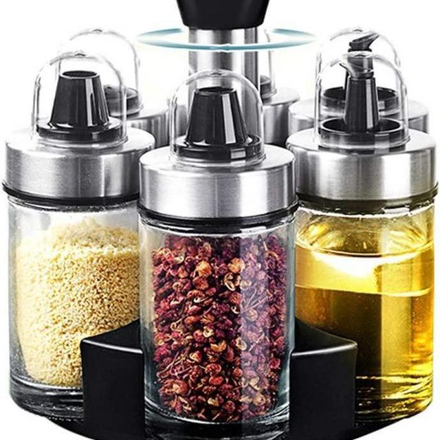 Mlici Dispensador de aceite y vinagre, juego de 6 botellas, soporte de sal y pimienta de acero inoxidable con soporte giratorio de 360°