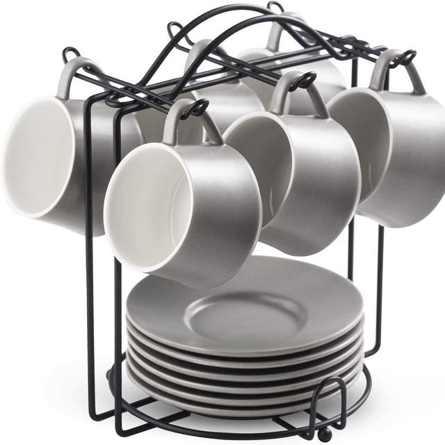 YHOSSEUN Juego de 6 tazas de café espresso con platillos de porcelana de 4 onzas y soporte de metal