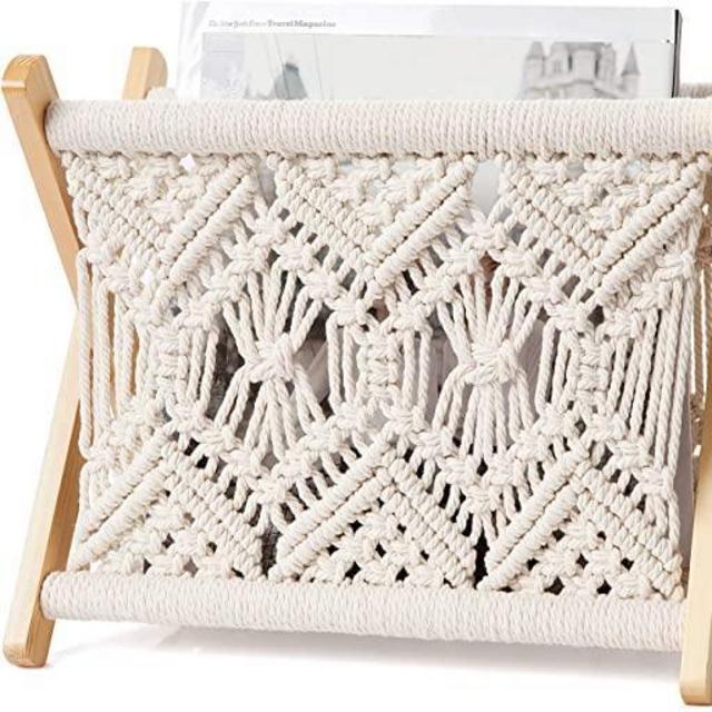 Mkono Estante de macramé para revistas, cesta de almacenamiento para libros