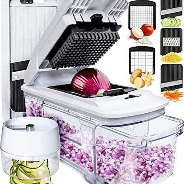 Fullstar Picador de verduras todo en 1, rebanador de mandolina y rallador de queso | Cortador de papas fritas de varias cuchillas y cortador de verduras | Incluye espiralizador de mano adicional y accesorios de cocina