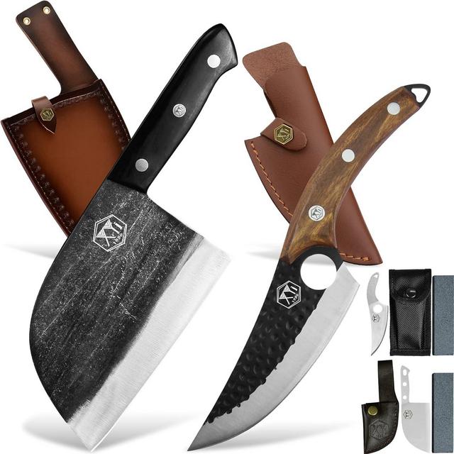 XYJ Stainless Steel Meat Cleaver + Boning Knife With Leather Sheath