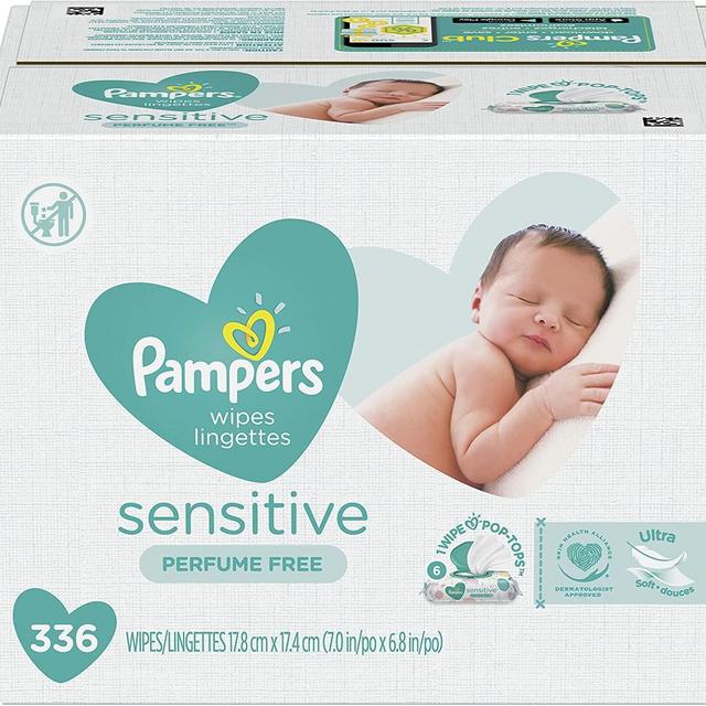 Pampers Sensitive Water Based Baby Diaper Wipes, Hypoallergenic and Unscented, 6 Pop-Top Packs, 336 Total Wipes (Packaging May Vary)