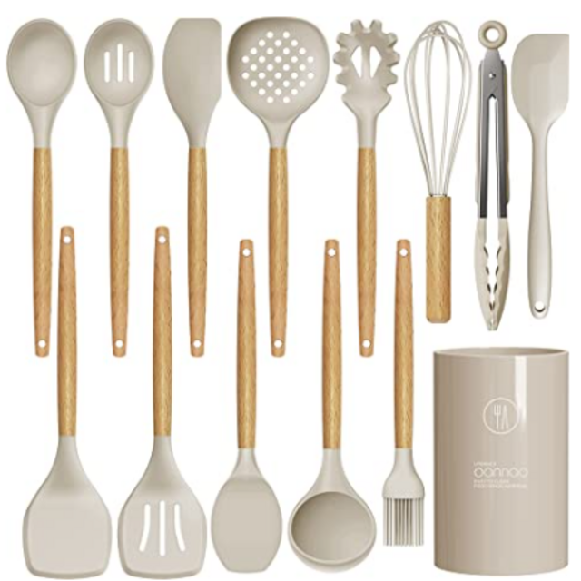 14 Pcs Silicone Cooking Utensils Kitchen Utensil Set - 446°F Heat Resistant,Turner Tongs, Spatula, Spoon, Brush, Whisk, Wooden Handle Kitchen Gadgets with Holder for Nonstick Cookware (BPA Free Khaki)