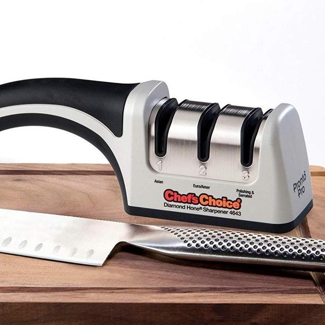 Chef’sChoice 4643 ProntoPro Diamond Hone Manual Knife Sharpener Extremely Fast Sharpening Euro-American and Asian Style Knives Precise Bevel Angle Control Diamond Abrasive Made in USA, 3-Stage, Silver