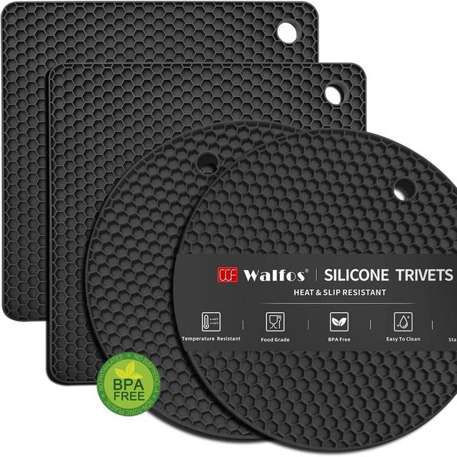 Walfos Silicone Trivet Mats - 4 Heat Resistant Pot Holders, Multipurpose Non-Slip Hot Pads for Kitchen Potholders, Hot Dishers, Jar Opener, Spoon Holder, Food Grade Silicone & BPA Free (Black)