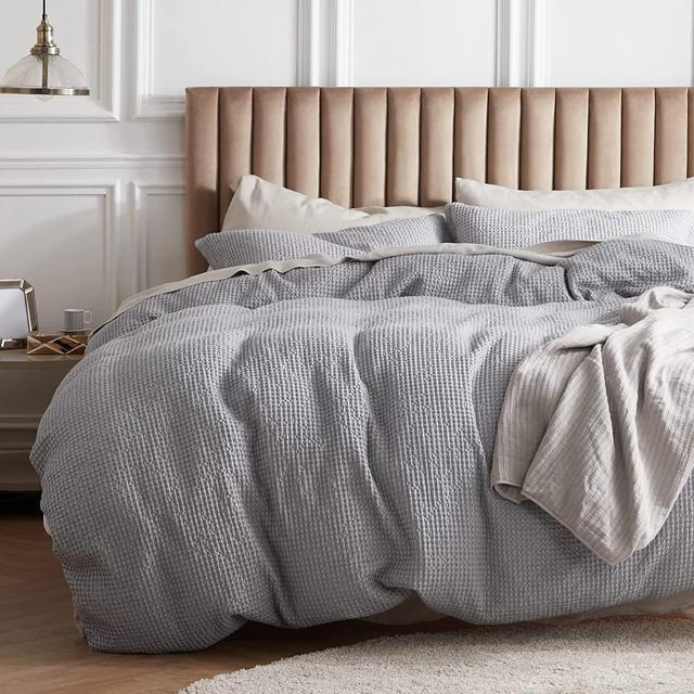 Bedsure Cotton Duvet Cover Set - 100% Cotton Waffle Weave Grey Duvet Cover California King Size, Soft and Breathable Cal King Duvet Cover Set for All Season (Cal King, 104x98'')