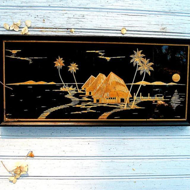 Vintage Mid Century Modern Tropical Rice Straw Art/ Tiki