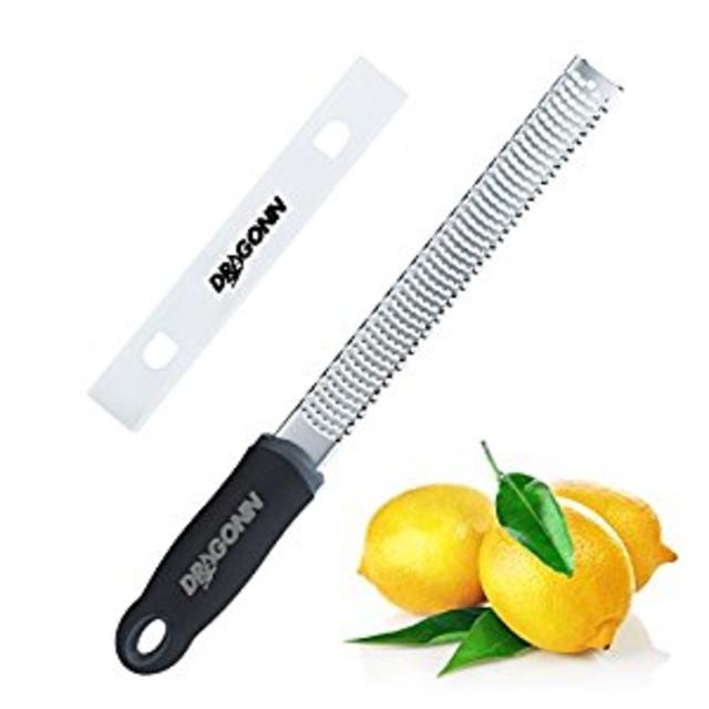 DRAGONN Best Premium Zester Grater, Sharp Stainless Steel Blade, Black Handle, Safety Cover, Rubber Footings