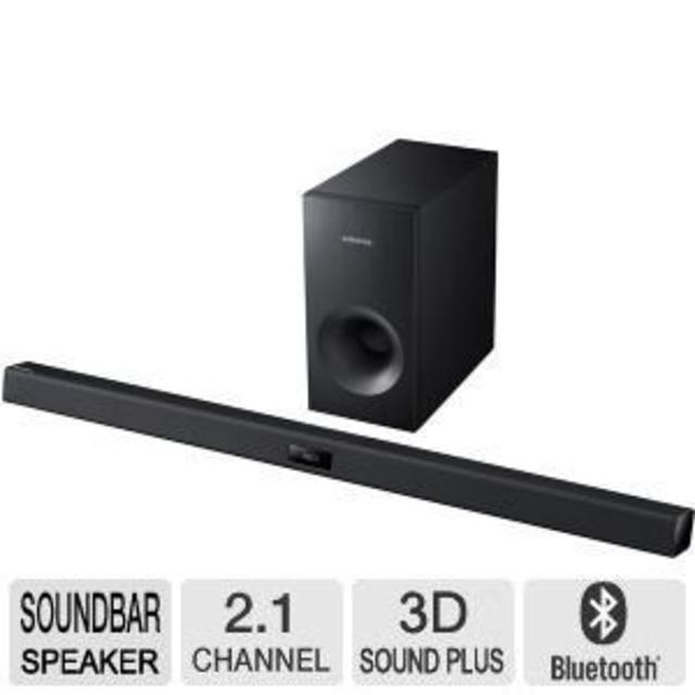 Samsung 2.1 Channel 120 Watts Home Theater Soundbar System with 60 Watt Subwoofer, Bluetooth, Soundshare, Smart On, Smart Volume, 6 DSP Settings, 3D Sound Plus, Crystal Sound Pro, USB Host, Black Finish