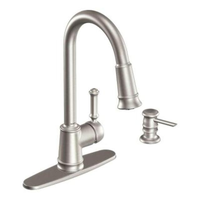 Lindley Single-Handle Pull-Down Sprayer Kitchen Faucet featuring Reflex in Spot Resist Stainless with Soap Dispenser