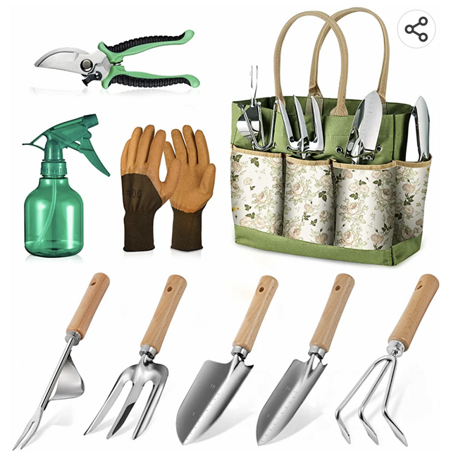 Grenebo Gardening Tools: 9-Piece Heavy Duty Garden Tools, Rust-Proof Garden Tool Set with Pruning Shears, Garden Tote, Gardening Gloves, Ideal Gardening Gifts for Women, Birthday Gifts for Mom