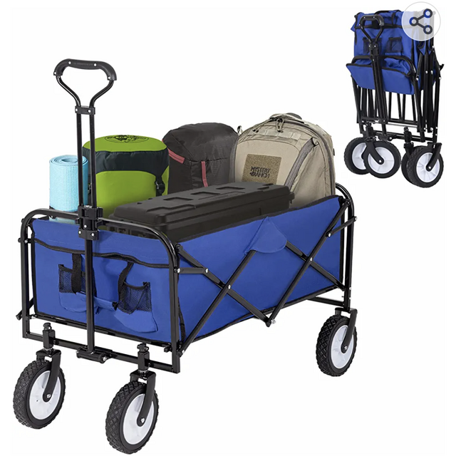 Collapsible Folding Wagon Garden Cart Beach Wagon Grocery Wagon All-Terrain Wheels Garden Grocery Wagon for Shopping Park Picnic, Beach Trip, Outdoor Activities, Camping (Blue)