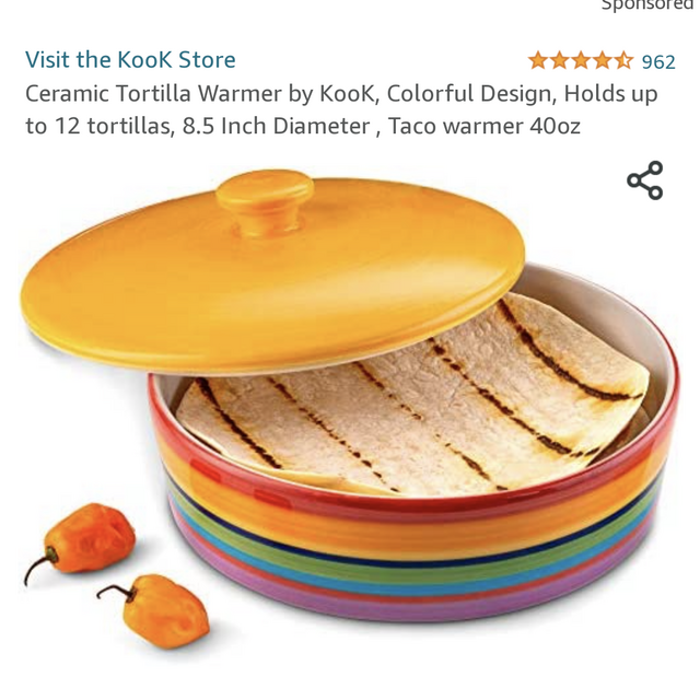 Ceramic Tortilla Warmer by KooK, Colorful Design, Holds up to 12 tortillas, 8.5 Inch Diameter , Taco warmer 40oz