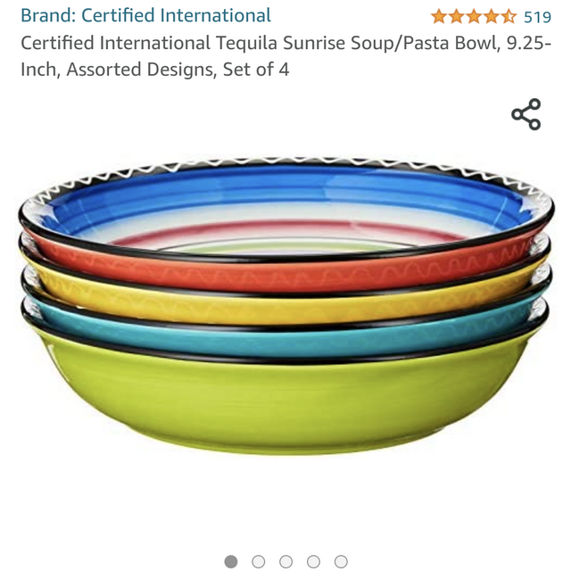 Certified International Tequila Sunrise Soup/Pasta Bowl, 9.25-Inch, Assorted Designs, Set of 4