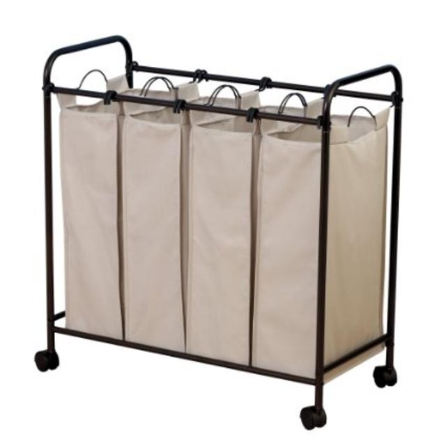 Household Essentials Rolling Quad Sorter Laundry Hamper with Natural Polyester Bags, Antique Bronze Frame