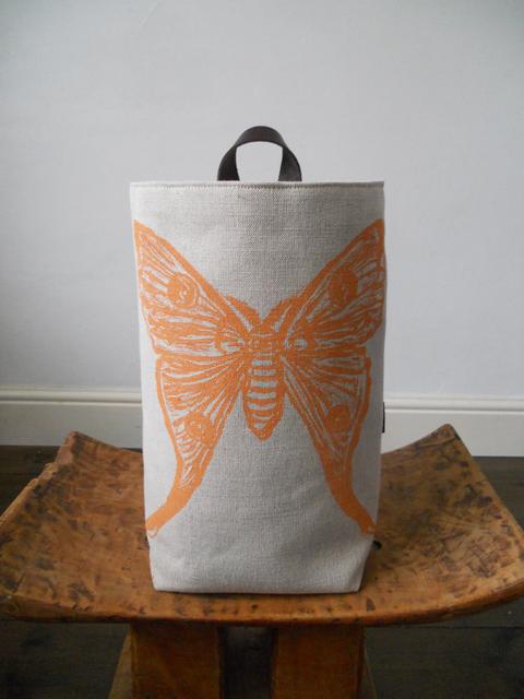Hand printed Hanging storage fabric basket, laundry bin with leather handle Silkmoths