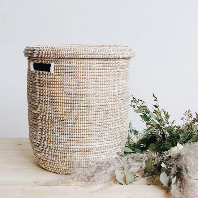 Flat Lid Woven Storage Laundry Basket - White