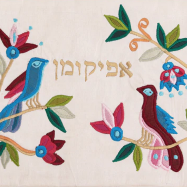 Birds Appliquéd Afikomen Bag in White by Yair Emanuel