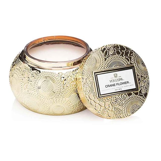 Voluspa Crane Flower Embossed Glass Chawan Bowl Candle, 14 Ounces