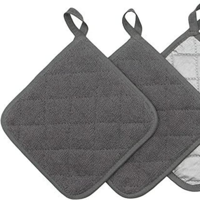 100% Cotton Pot Holders Cotton Made Machine Washable Heat Resistant Everyday Kitchen Basic Terry Pot Holder, Hot Pads, Trivet for Cooking and Baking Set of 4 (Grey)