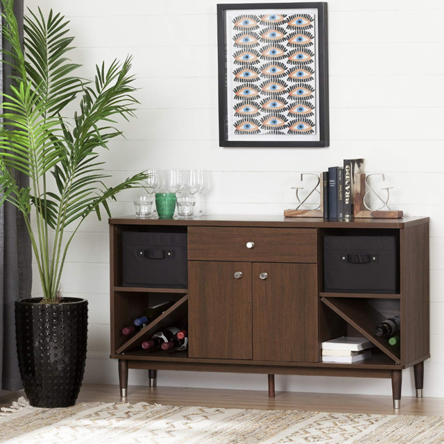 South Shore Olly Mid-Century Modern Sideboard Storage, Brown Walnut