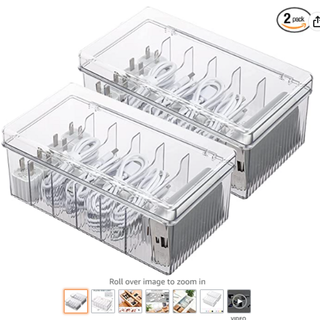 Tahaje Plastic Cord Storage Organizer with Lid, Large Desk Drawer Cable Box with Wire Ties for Home Office Supplies, Phone Charger, Electronics Accessories, Lipsticks, Art Crafts ( Clear / 2 Pack )