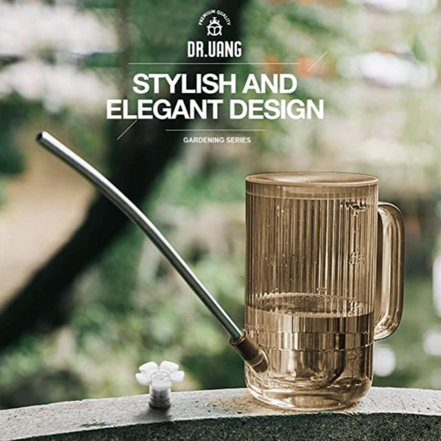 DR.UANG Small Watering Can Indoor Plants with Long Spout 1L/34oz Plastic Small Watering Can for Succulents/Houseplants/Gardening (Amber Brown)