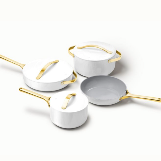 Non-Stick Ceramic Cookware Set, Non-Toxic Coated, PTFE-Free (White/Gold)