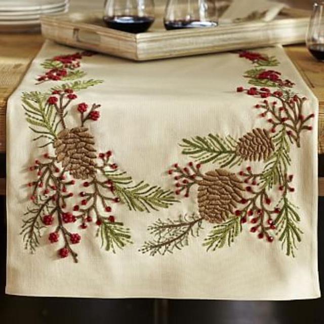 Pinecone & Berry Embroidered Table Runner