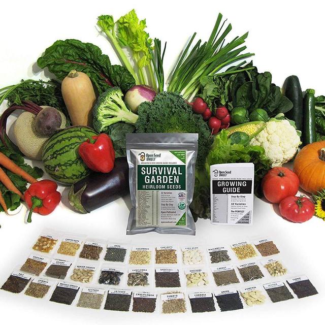 Survival Garden 15,000 Non GMO Heirloom Vegetable Seeds Survival Garden 32 Variety Pack by Open Seed Vault